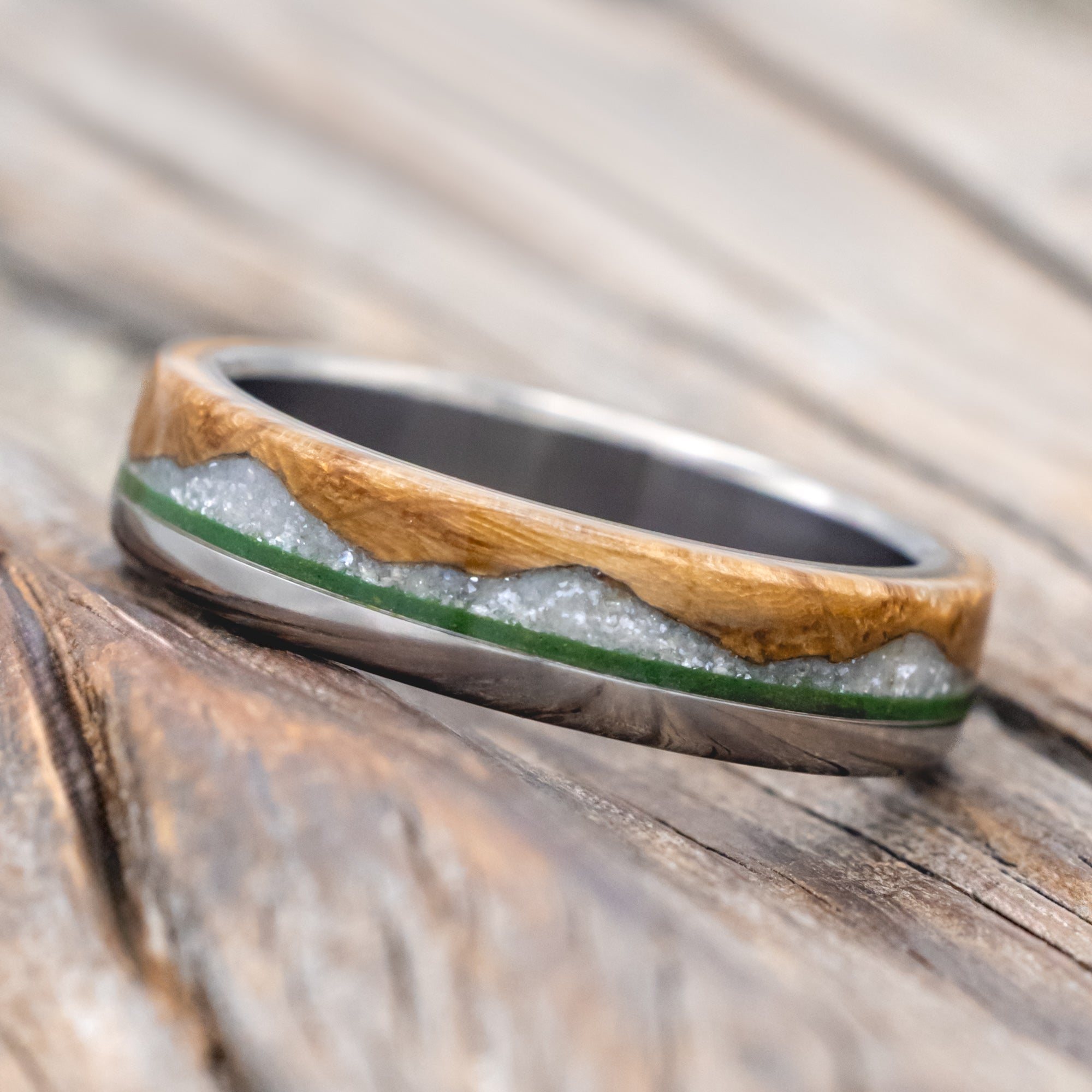 "EZRA" - WHISKEY BARREL OAK WITH DIAMOND DUST & MOSS INLAY WEDDING RING-Staghead Designs
