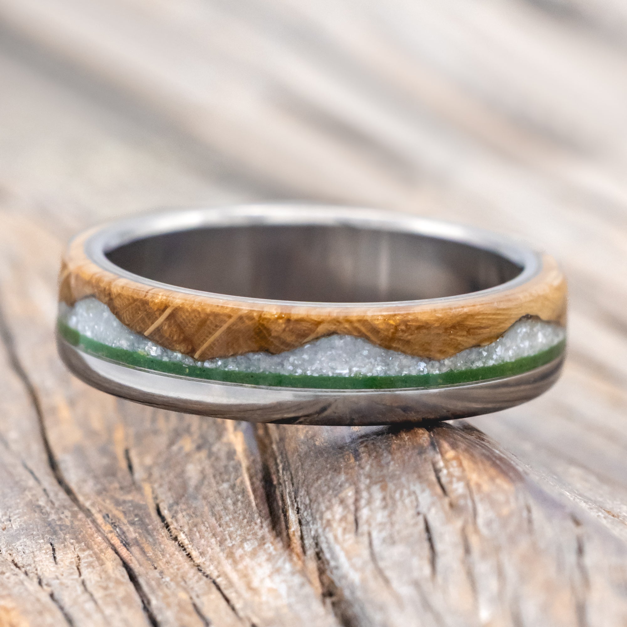 "EZRA" - WHISKEY BARREL OAK WITH DIAMOND DUST & MOSS INLAY WEDDING RING-Staghead Designs