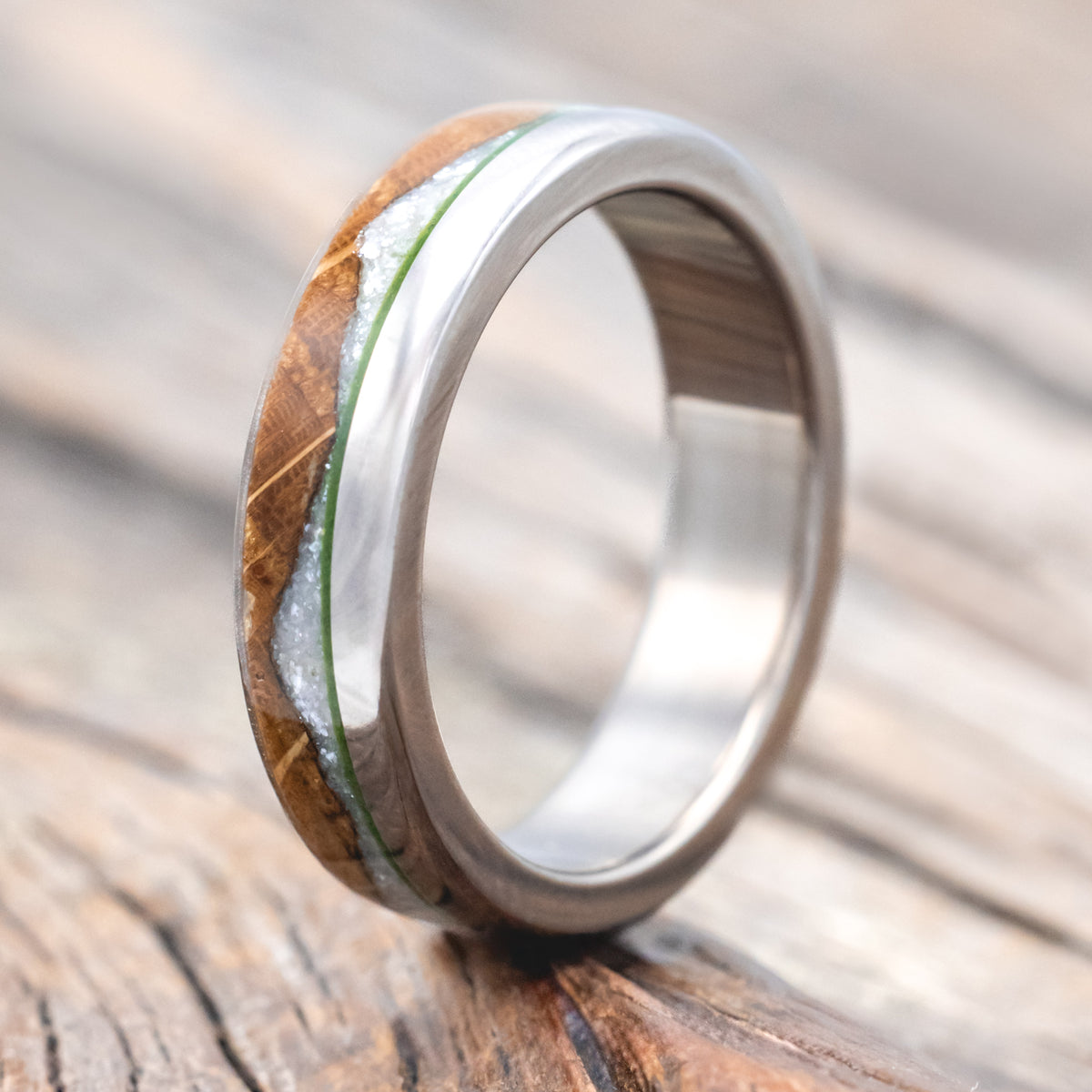 "Ezra" - Whiskey Barrel Oak With Diamond Dust & Moss Inlay Wedding Ring-Staghead Designs