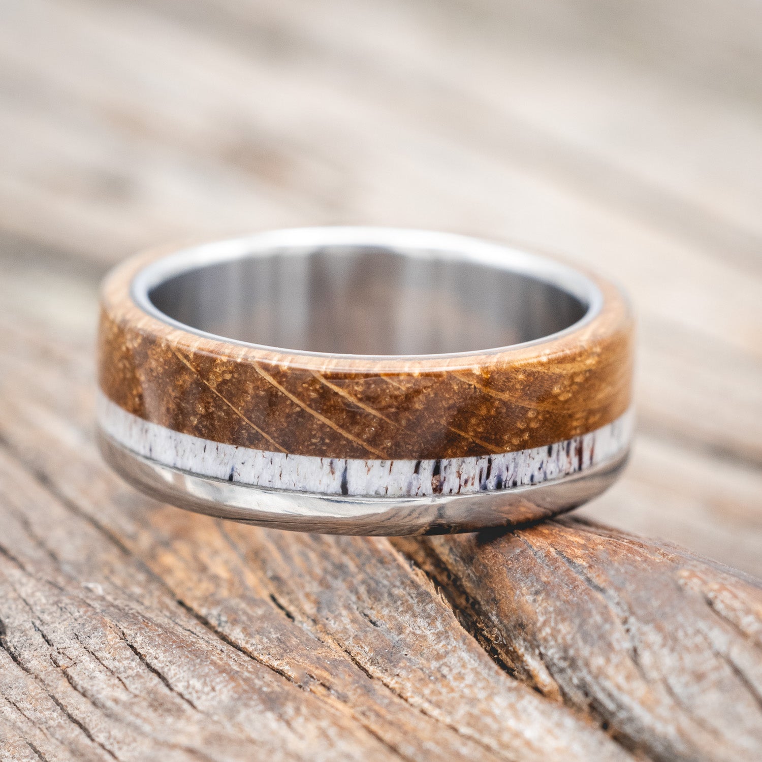 "EZRA" - WHISKEY BARREL OAK & ANTLER WEDDING BAND-Staghead Designs