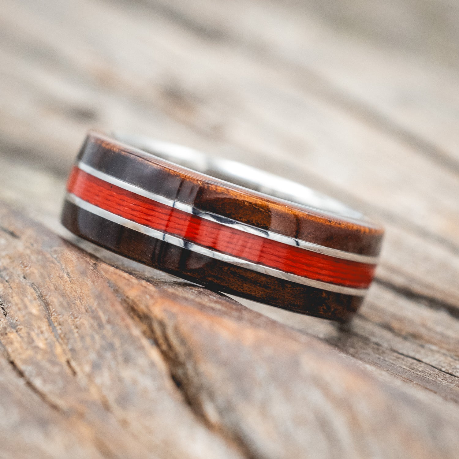 "GLEN" - KOA WOOD & RED FISHING LINE WEDDING RING-Staghead Designs