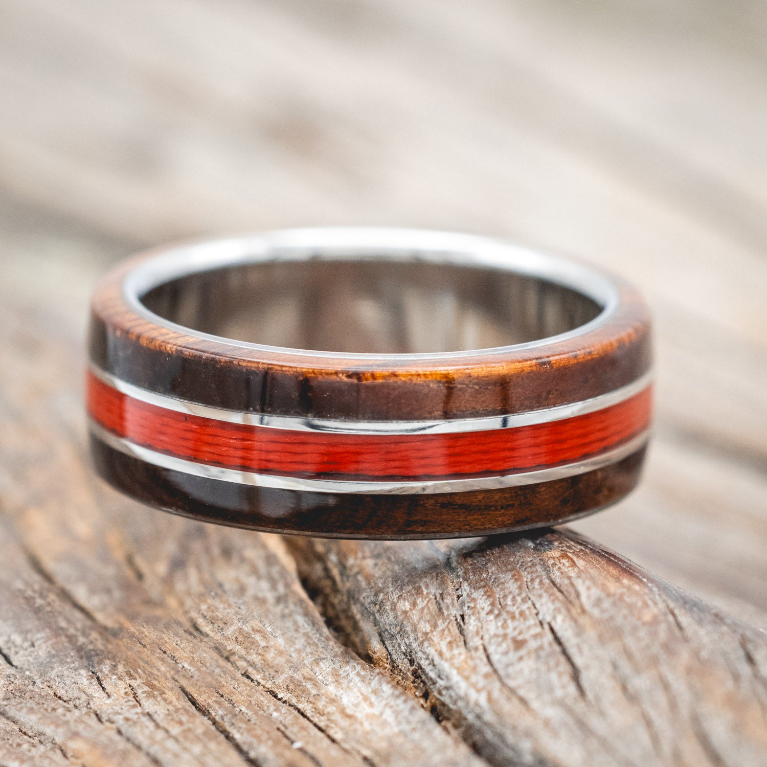 "GLEN" - KOA WOOD & RED FISHING LINE WEDDING RING-Staghead Designs