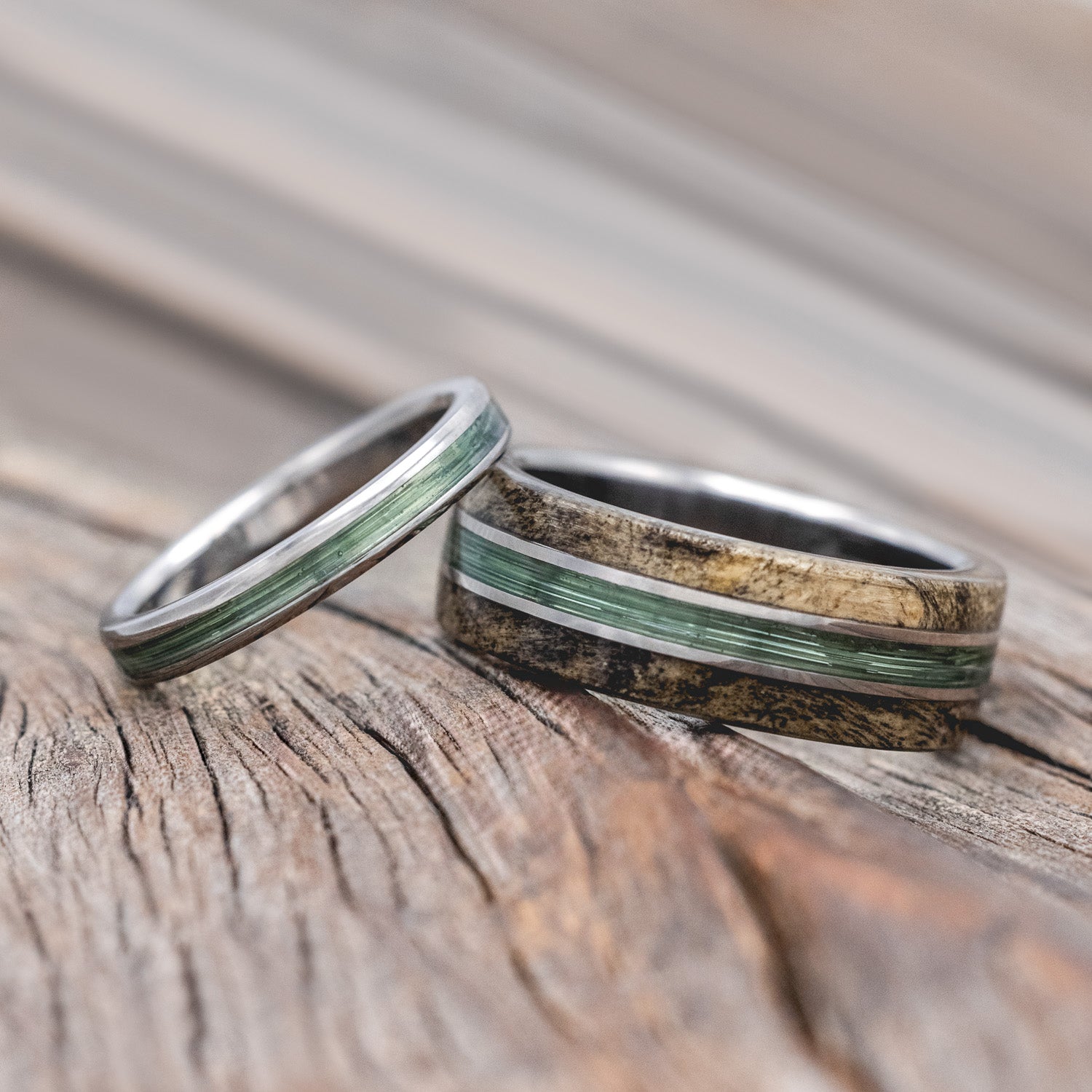 "GLEN" - MATCHING SET OF FISHING LINE & BUCKEYE BURL WOOD WEDDING BANDS-Staghead Designs