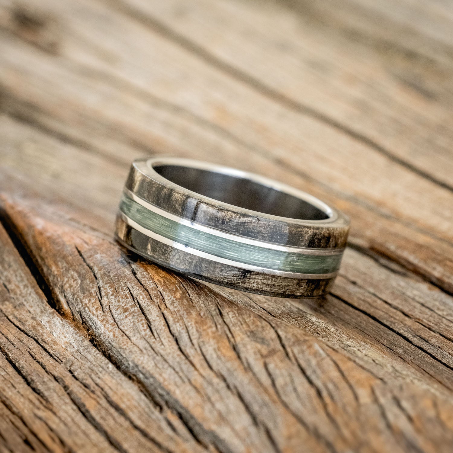 "GLEN" - BUCKEYE BURL WOOD & FISHING LINE WEDDING BAND-2