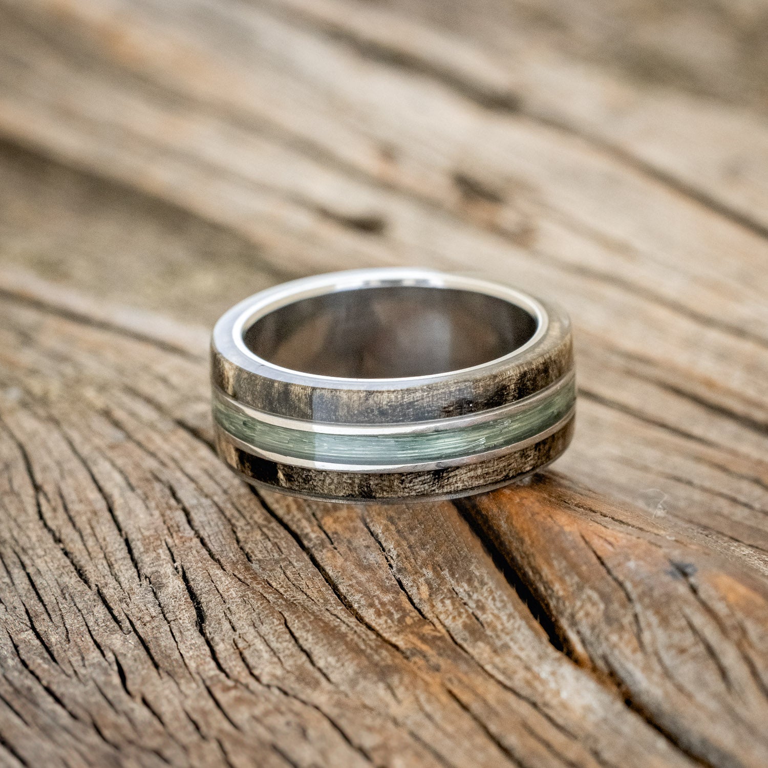 "GLEN" - BUCKEYE BURL WOOD & FISHING LINE WEDDING BAND-3