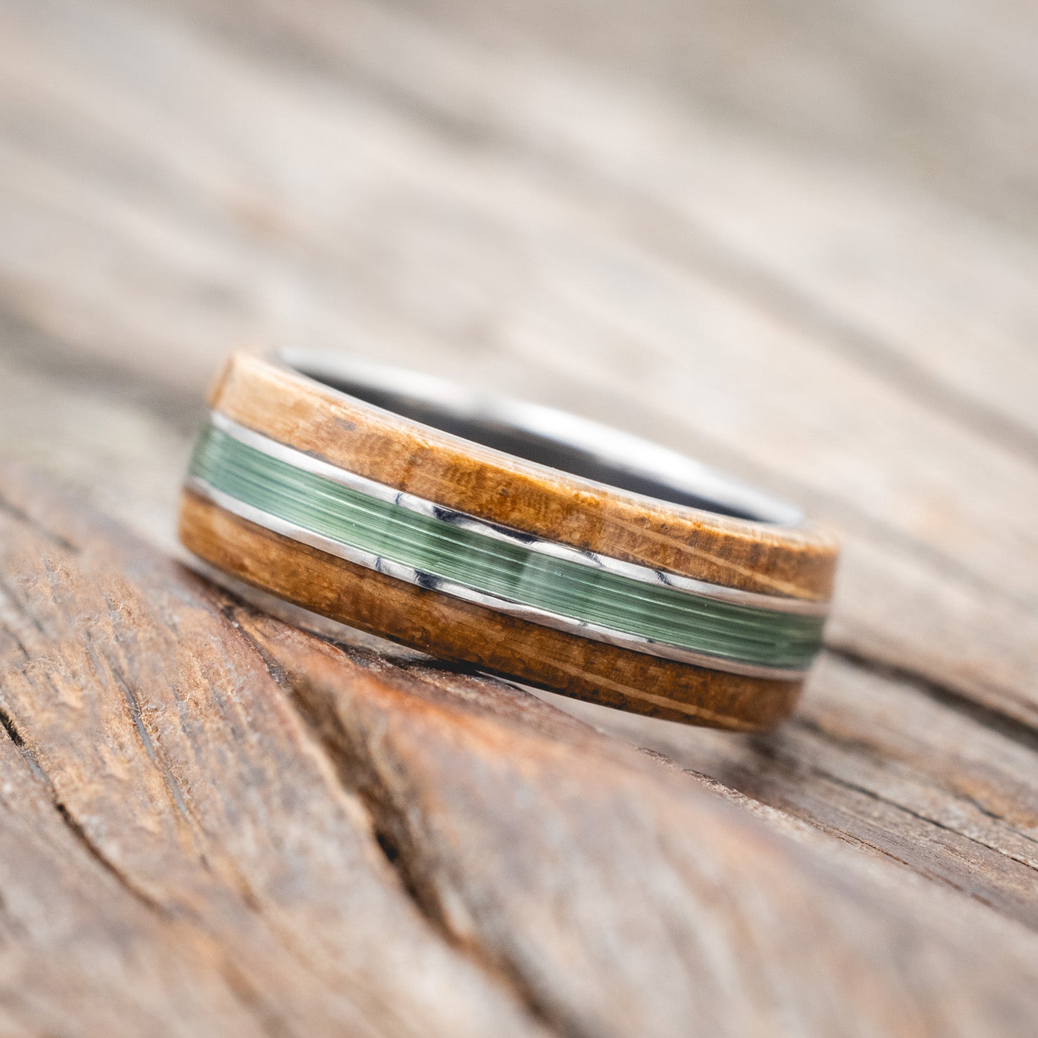 "GLEN" - WHISKEY BARREL OAK & FISHING LINE WEDDING RING-Staghead Designs