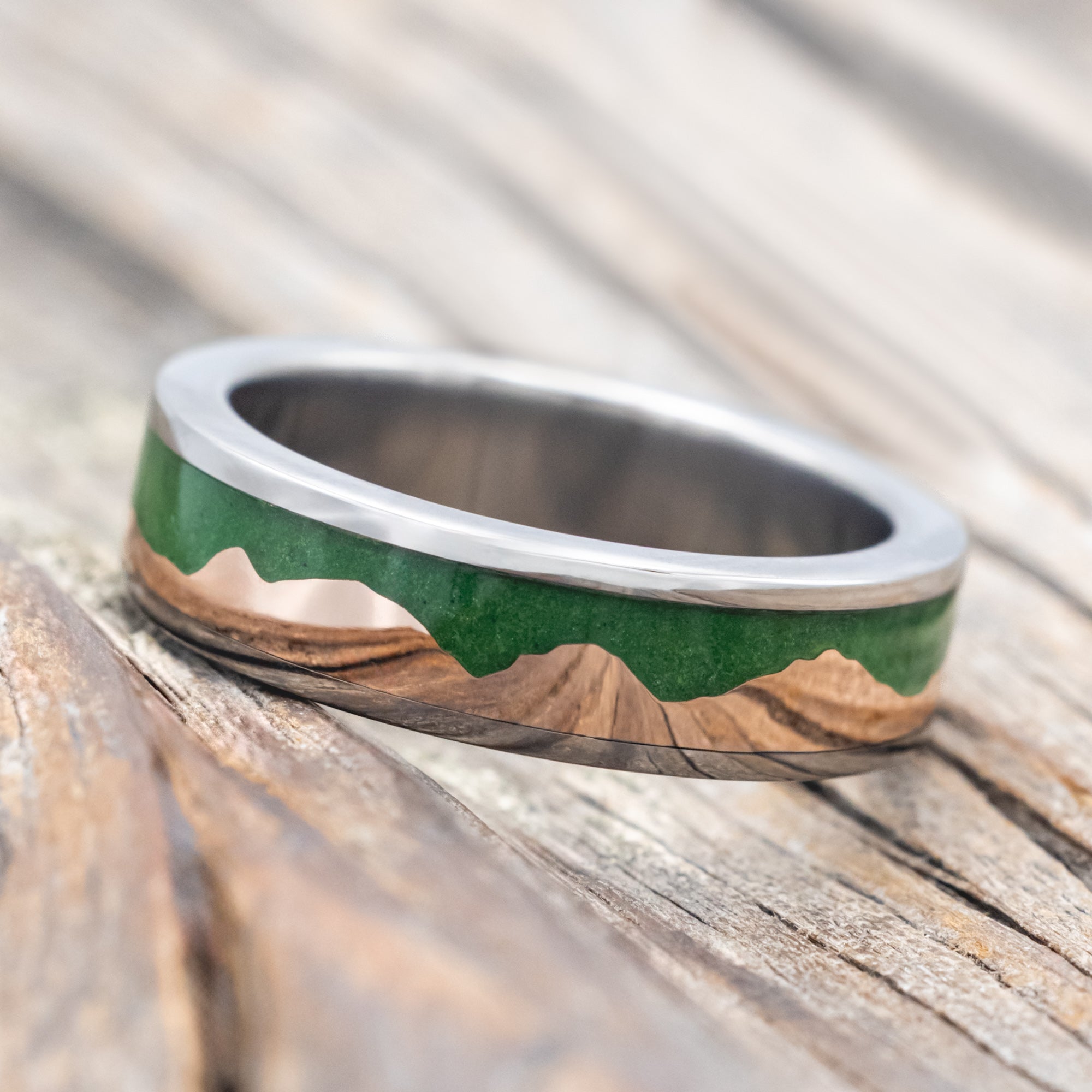 "HELIOS" - MOSS & 14K GOLD MOUNTAIN RANGE WEDDING BAND-Staghead Designs
