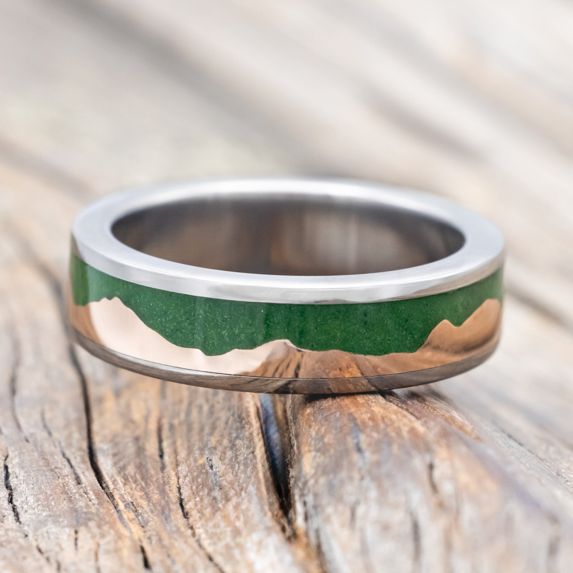 "HELIOS" - MOSS & 14K GOLD MOUNTAIN RANGE WEDDING BAND-Staghead Designs
