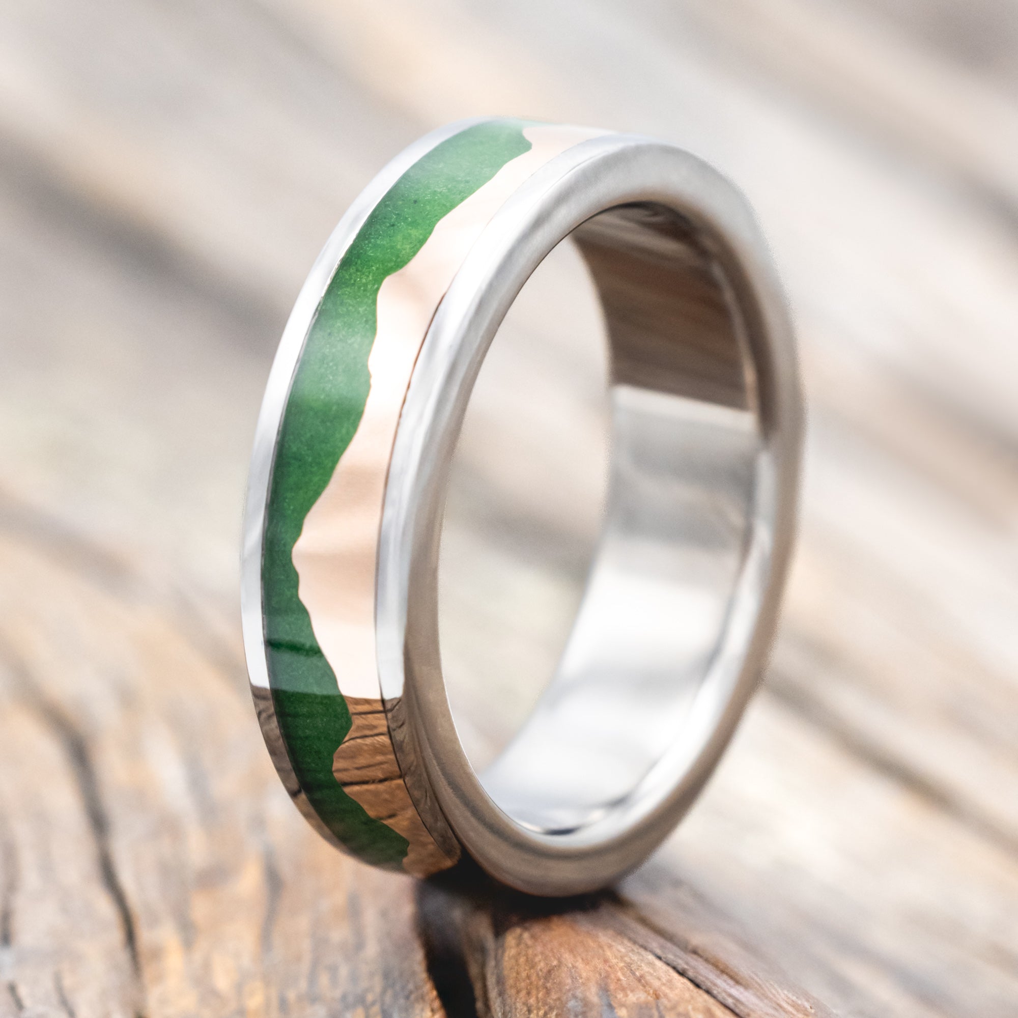 "HELIOS" - MOSS & 14K GOLD MOUNTAIN RANGE WEDDING BAND-Staghead Designs