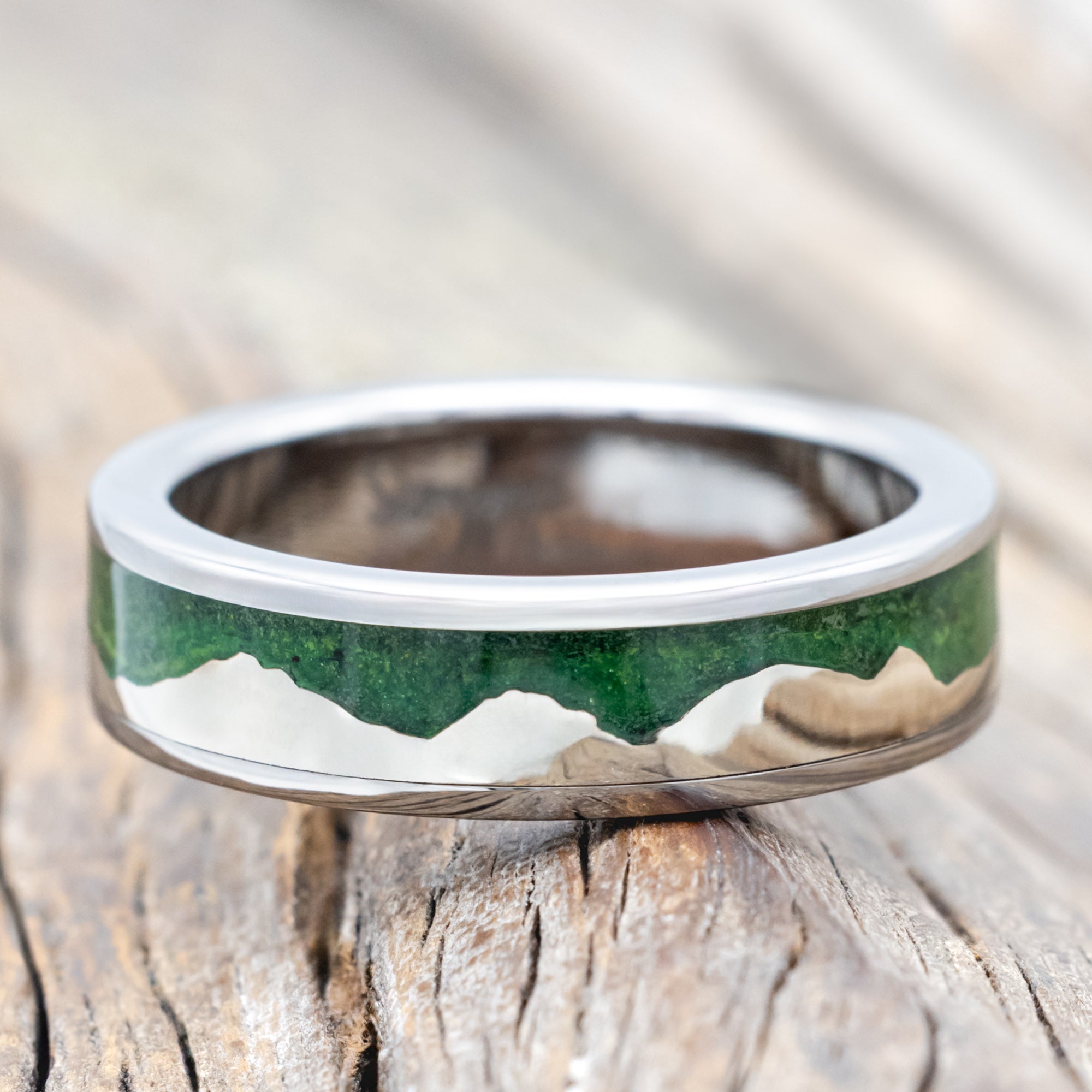 "HELIOS" - MOSS & 14K GOLD MOUNTAIN RANGE WEDDING BAND-Staghead Designs