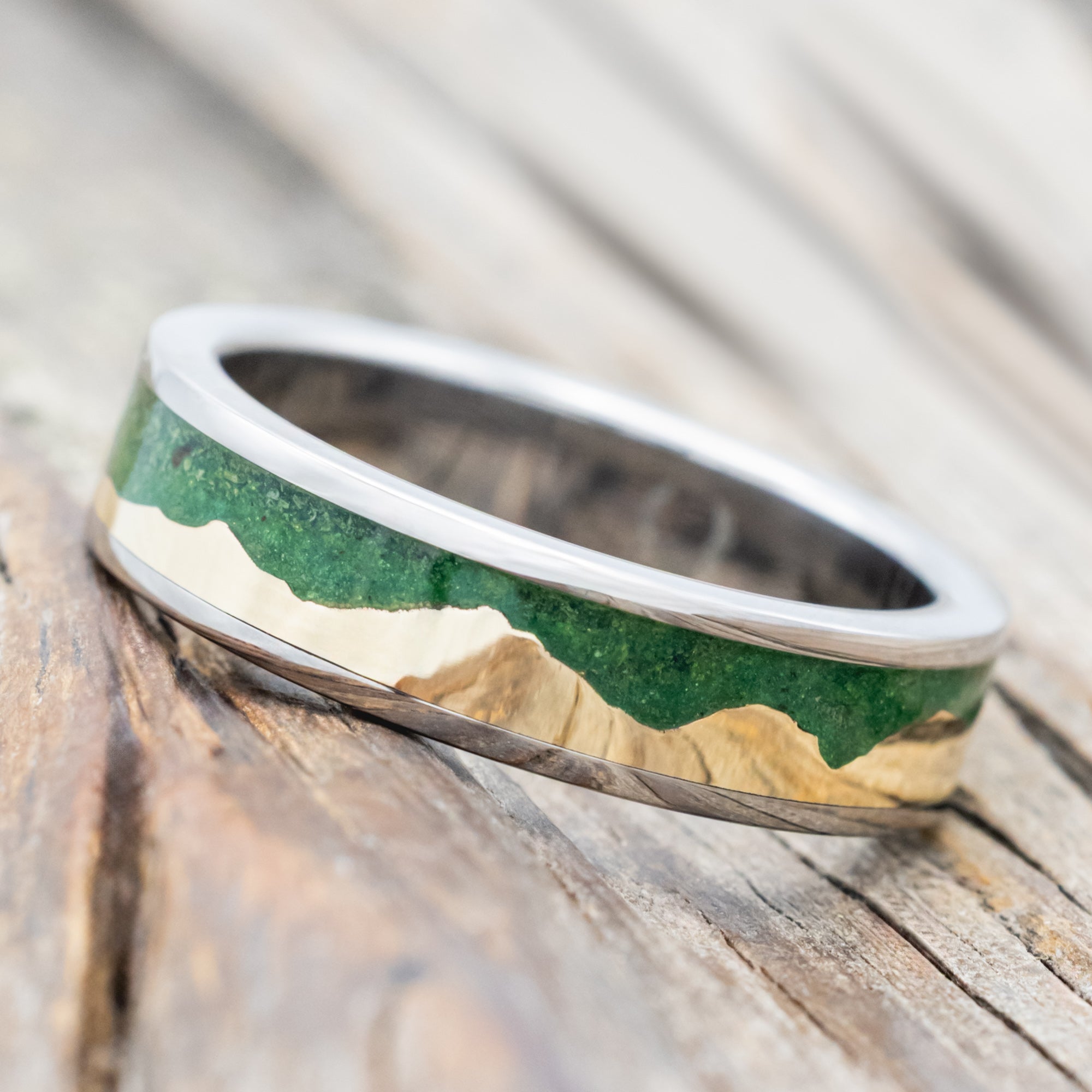 "HELIOS" - MOSS & 14K GOLD MOUNTAIN RANGE WEDDING BAND-Staghead Designs