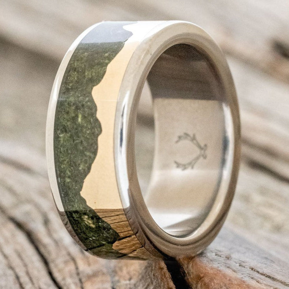 "Helios" - Moss & 14K Gold Mountain Range Men's Wedding Band-Staghead Designs