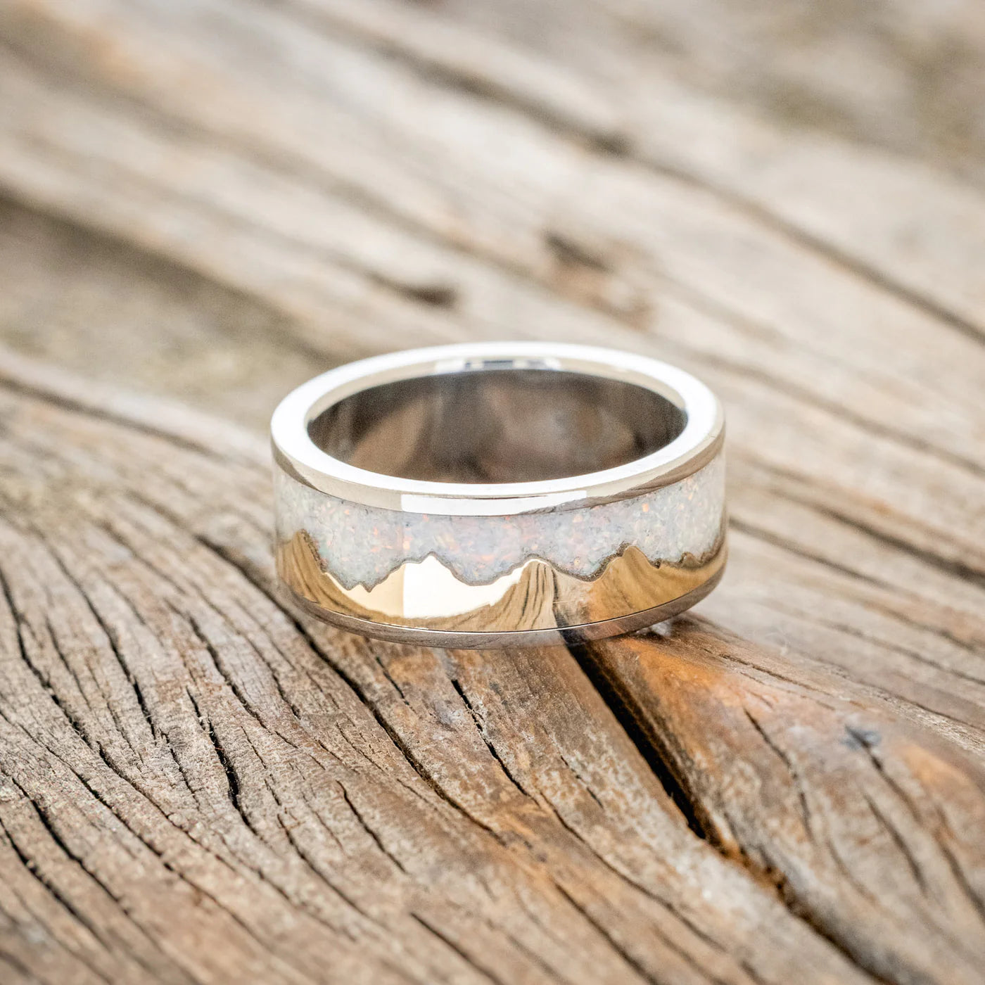 "Helios" - 14K Gold Andes Mountain Range With Fire And Ice Opal Inlay Wedding Band - Titanium (8mm) - Size 9-Staghead Designs