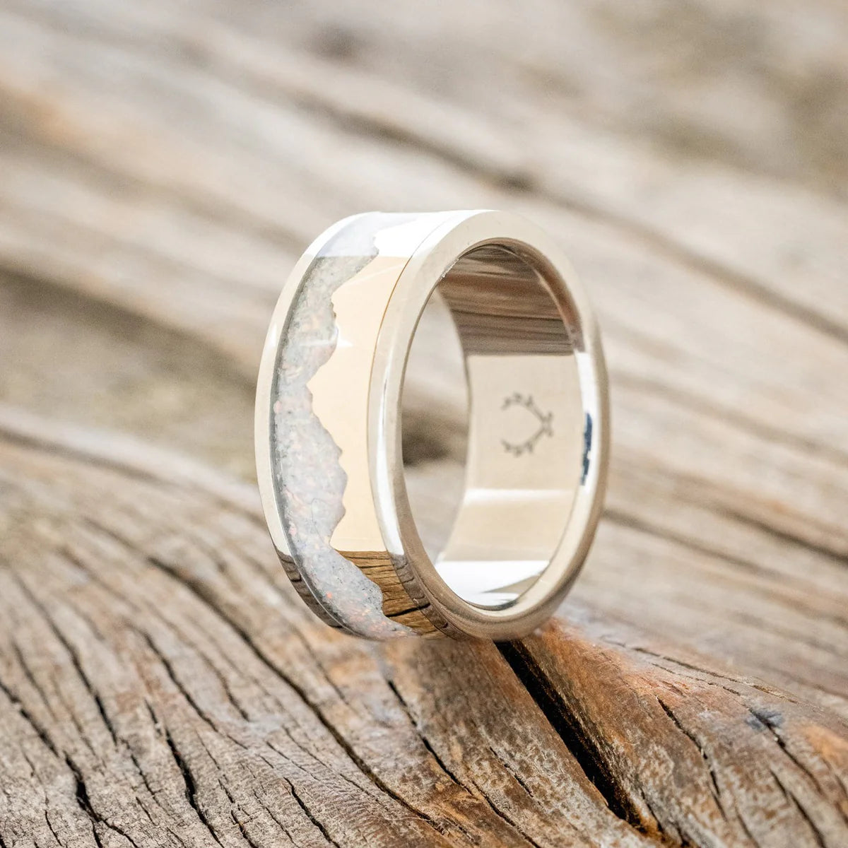 "Helios" - 14K Gold Andes Mountain Range With Fire And Ice Opal Inlay Wedding Band - Titanium (8mm) - Size 9-Staghead Designs