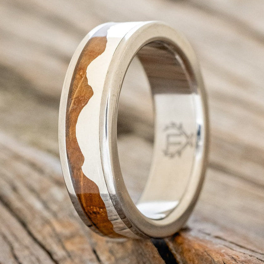 "Helios" - Whiskey Barrel Oak & Silver Mountain Range Men's Wedding Band-Staghead Designs