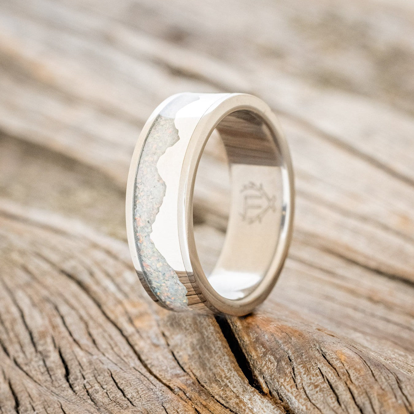 "HELIOS" - FIRE & ICE OPAL WITH SILVER MOUNTAIN RANGE WEDDING RING-2