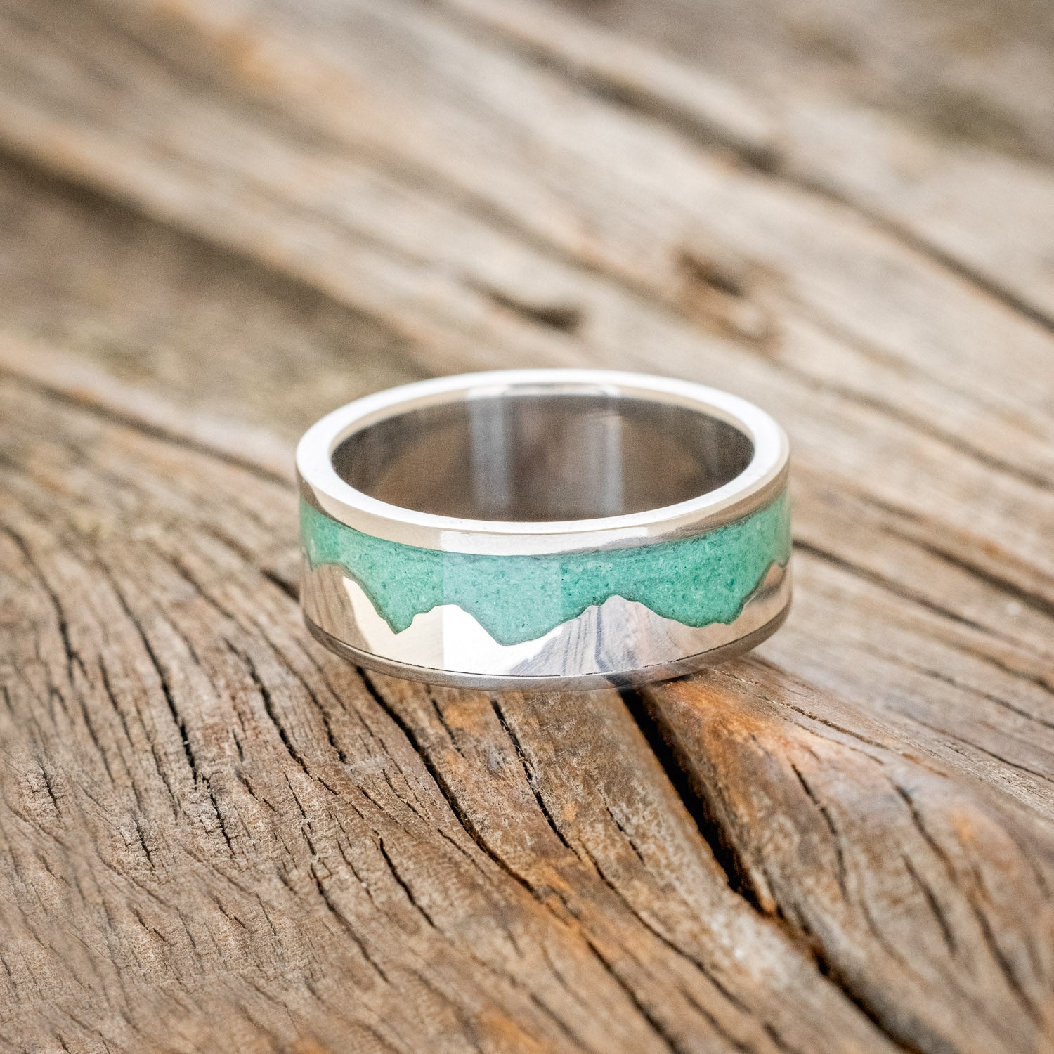 "HELIOS" - MALACHITE WITH SILVER MOUNTAIN RANGE WEDDING BAND-3