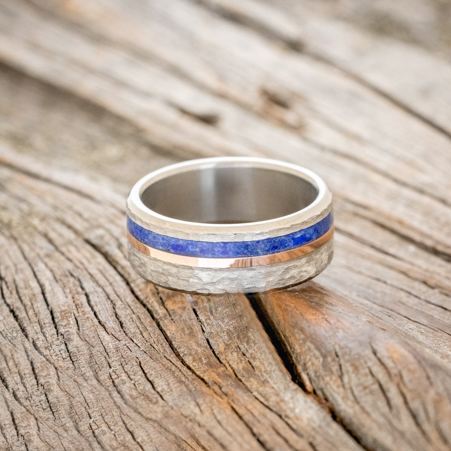 "CASTOR" - LAPIS LAZULI & A 14K GOLD INLAY WEDDING RING WITH A HAMMERED FINISH-3