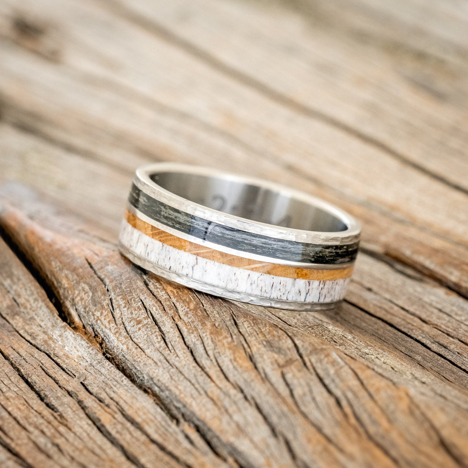 "ELEMENT" - FISHING LINE, ANTLER & WHISKEY BARREL WEDDING BAND IN A HAMMERED FINISH-2