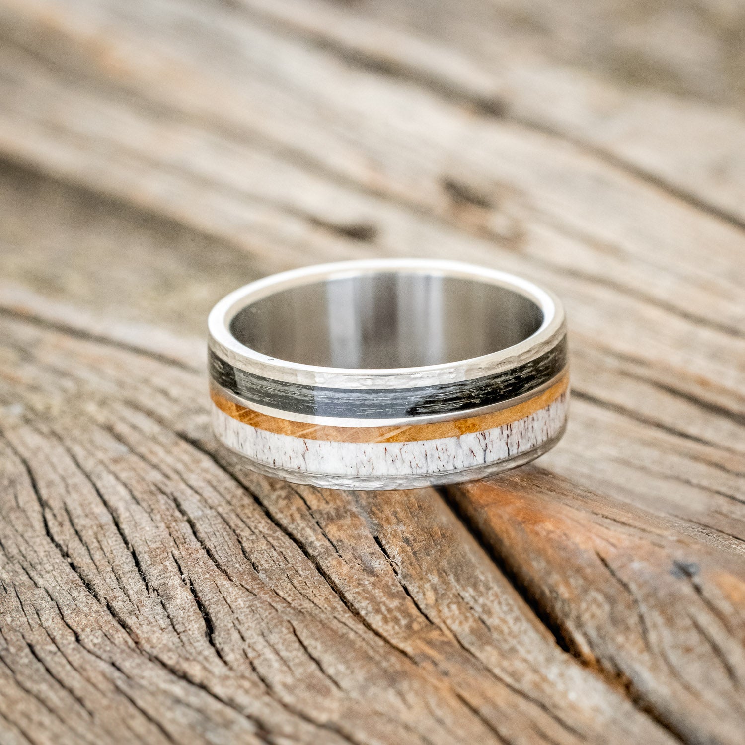 "ELEMENT" - FISHING LINE, ANTLER & WHISKEY BARREL WEDDING BAND IN A HAMMERED FINISH-3