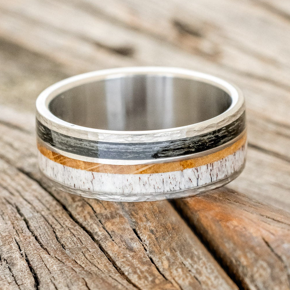 "ELEMENT" - FISHING LINE, ANTLER & WHISKEY BARREL WEDDING BAND IN A HAMMERED FINISH-3