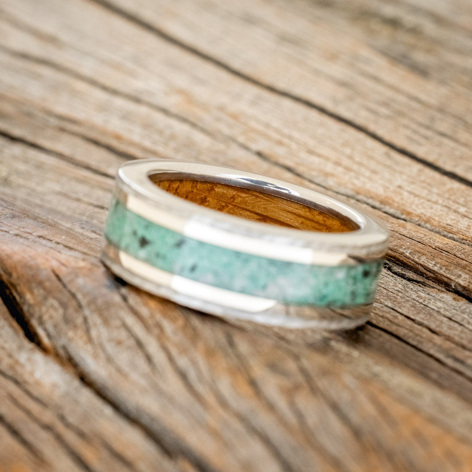 "HOLLIS" - MOONSTONE & MALACHITE MIX, 14K WHITE GOLD INLAYS WEDDING RING WITH WHISKEY BARREL LINING IN A HAMMERED FINISH-5