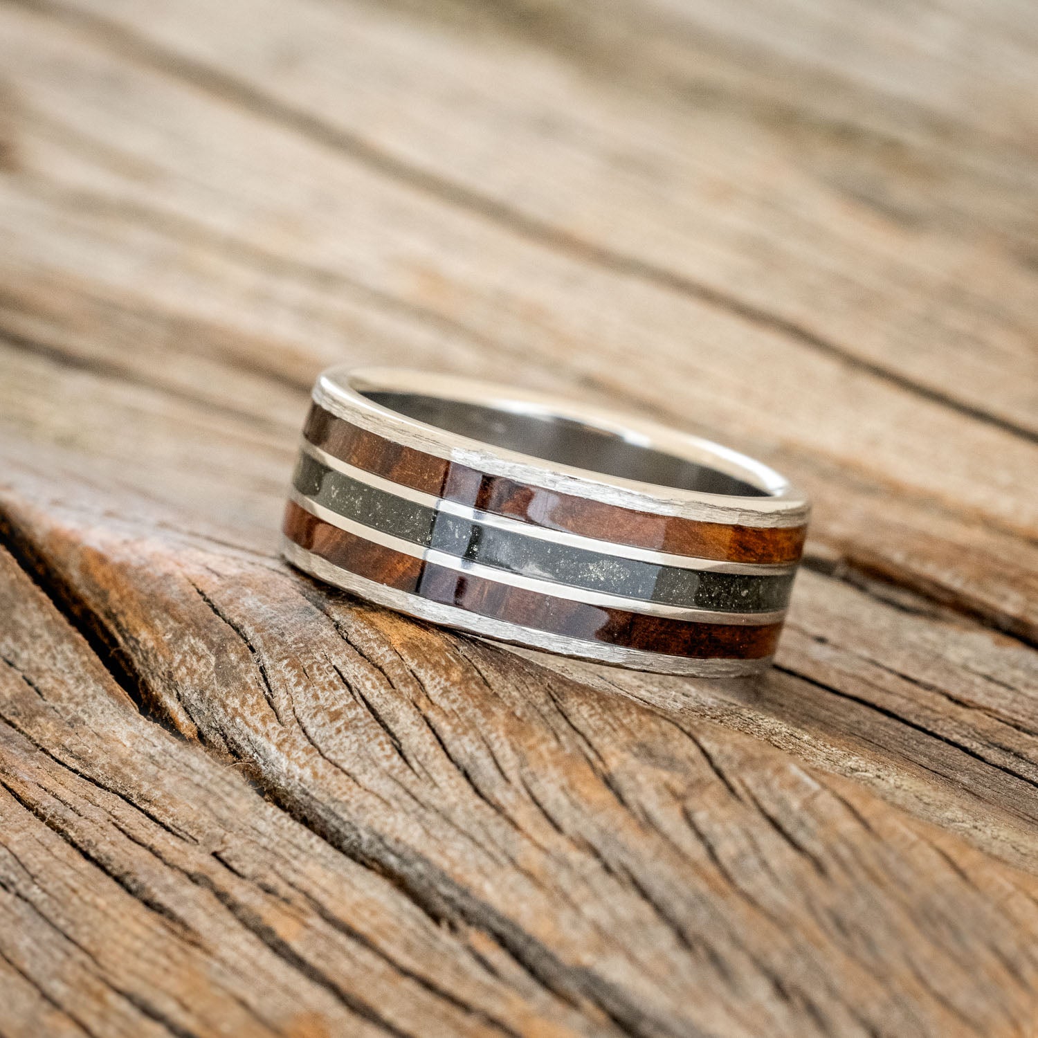"RIO" - IRONWOOD & PYRITE INLAYS WEDDING BAND WITH HAMMERED EDGES-2