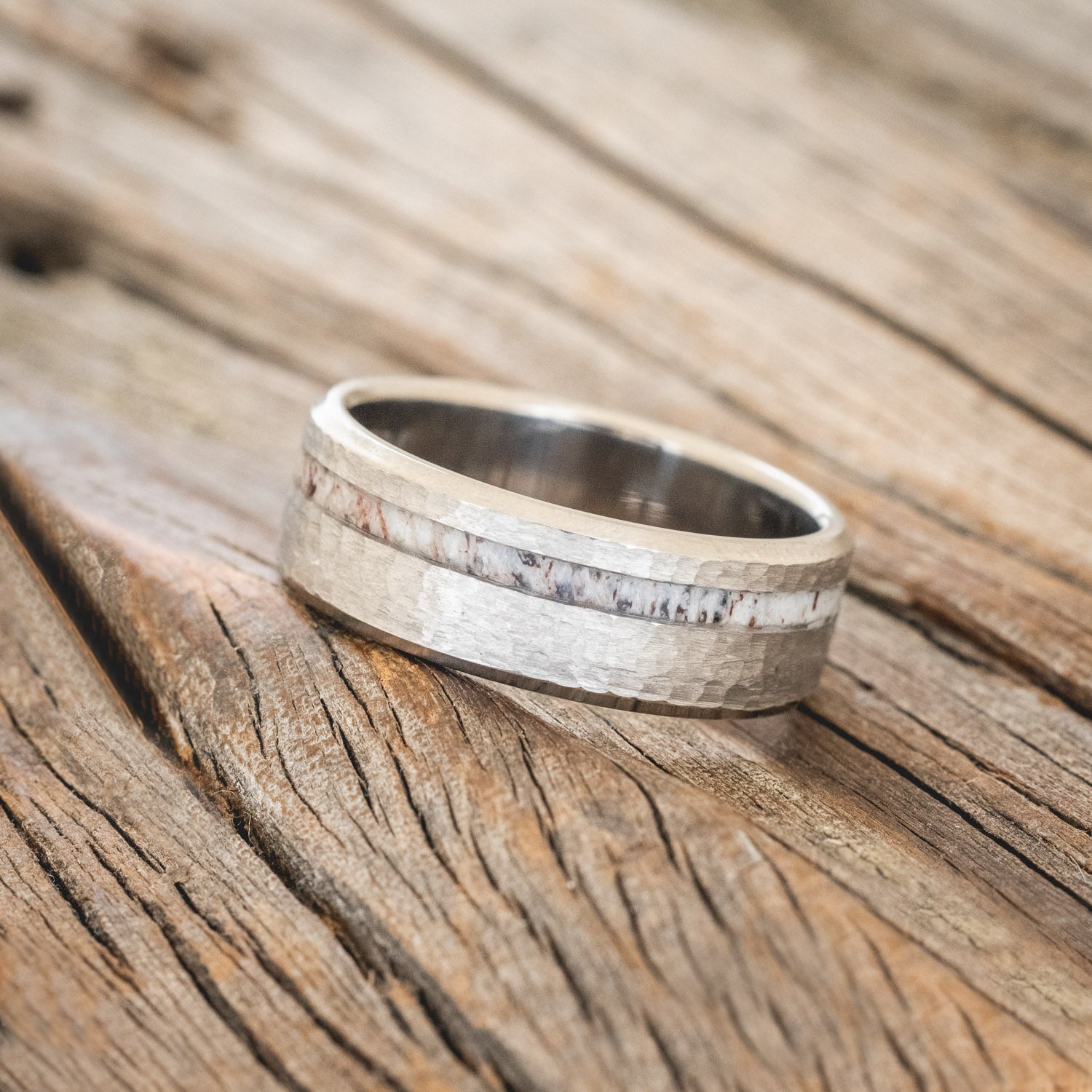"VERTIGO" - ELK ANTLER WEDDING BAND WITH A HAMMERED FINISH-2
