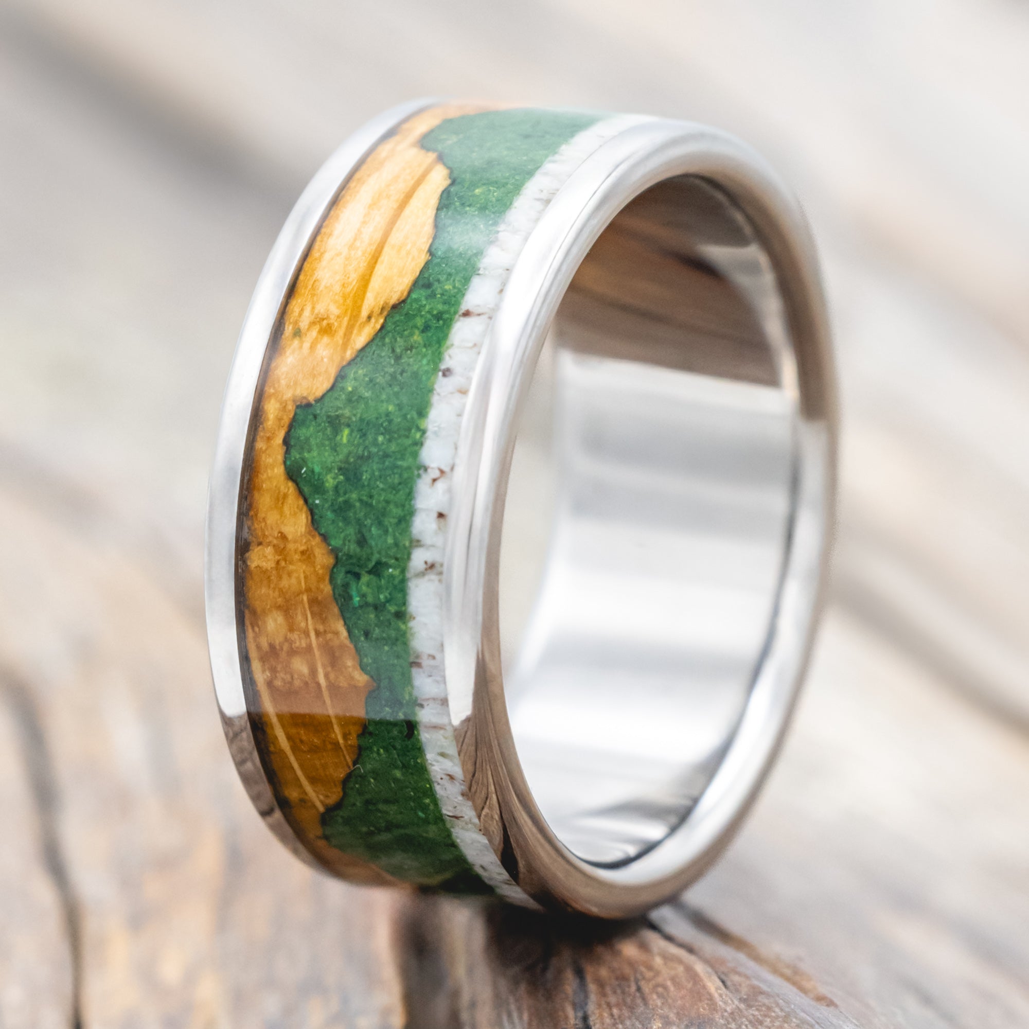 "VOYAGER" - MATCHING SET OF WEDDING BANDS WITH WHISKEY BARREL OAK, MOSS-FILLED MOUNTAINS & ANTLER-Staghead Designs