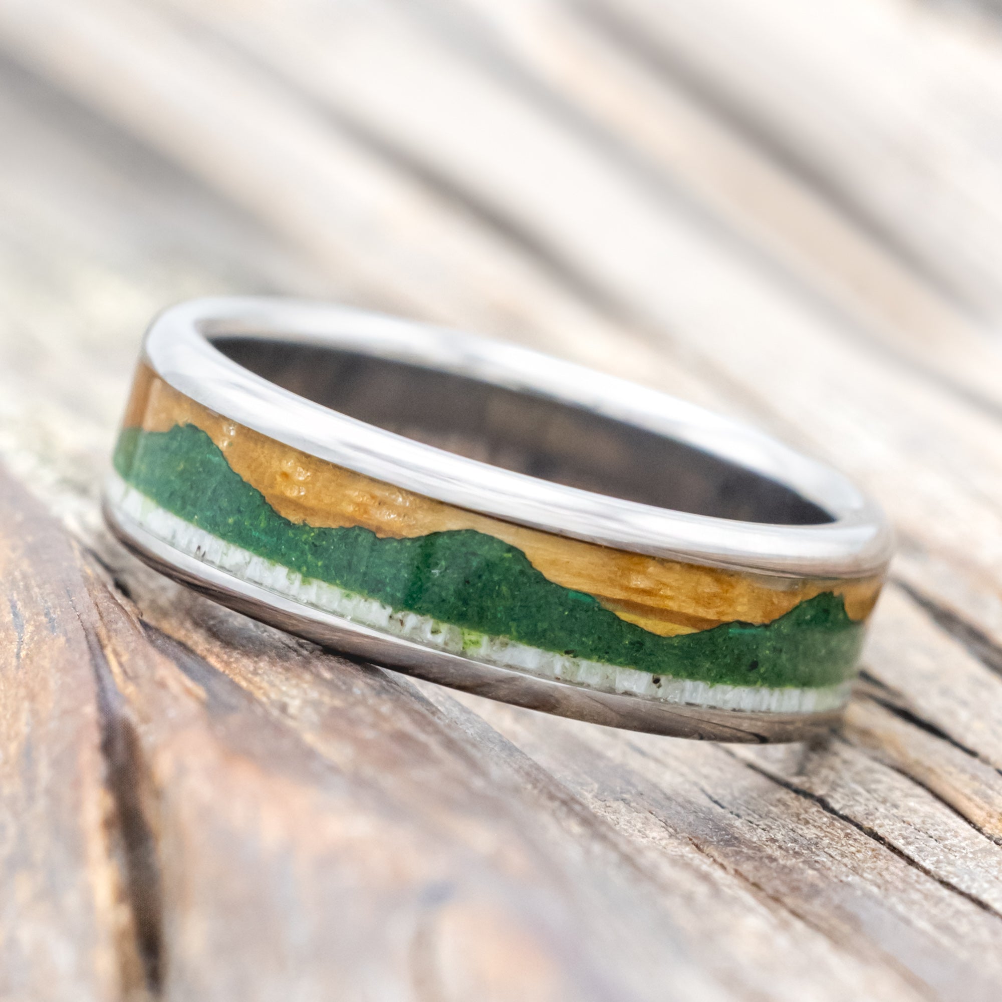 "VOYAGER" - MATCHING SET OF WEDDING BANDS WITH WHISKEY BARREL OAK, MOSS-FILLED MOUNTAINS & ANTLER-Staghead Designs