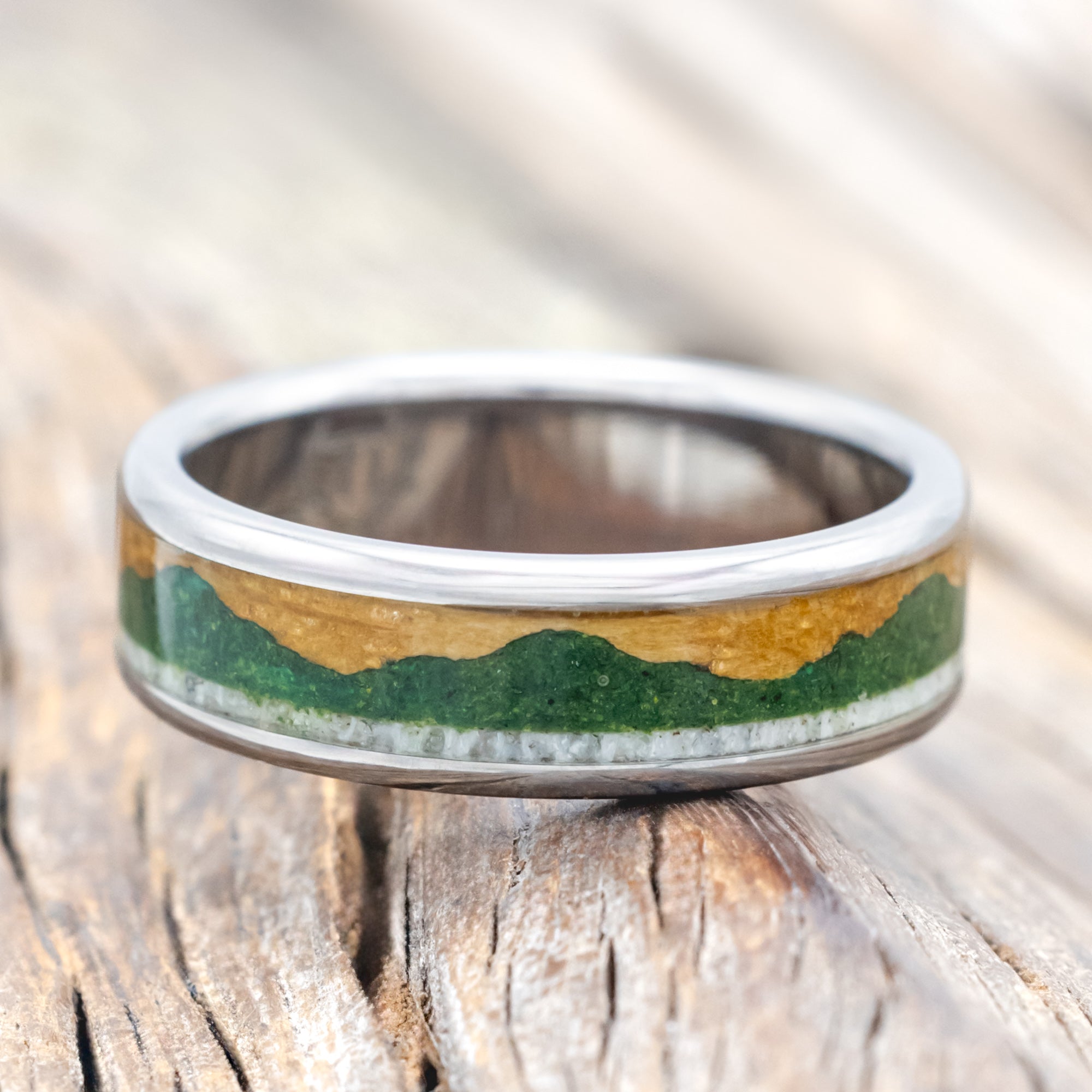 "VOYAGER" - MATCHING SET OF WEDDING BANDS WITH WHISKEY BARREL OAK, MOSS-FILLED MOUNTAINS & ANTLER-Staghead Designs