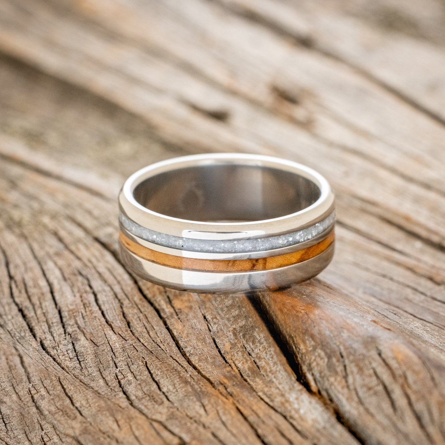 "COSMO" - MATCHING SET OF BETHLEHEM OLIVE WOOD & DIAMOND DUST WEDDING BANDS-4