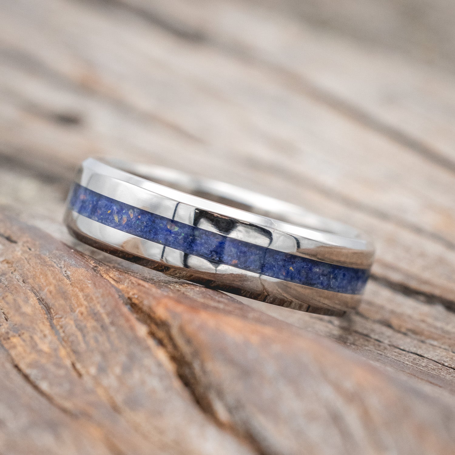 "NIRVANA" - WEDDING BAND WITH MIXED LAPIS LAZULI & FIRE & ICE OPAL INLAY-Staghead Designs