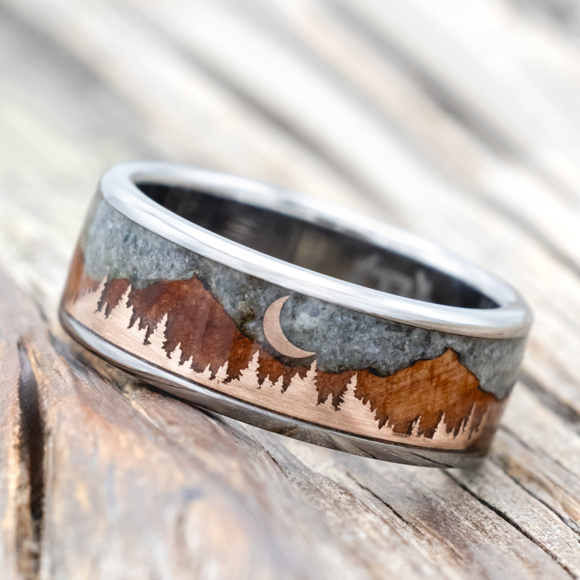 "ORION" - MOSS AGATE & REDWOOD MOUNTAIN RANGE WEDDING BAND WITH 14K GOLD TREE & CRESCENT MOON ACCENTS-Staghead Designs