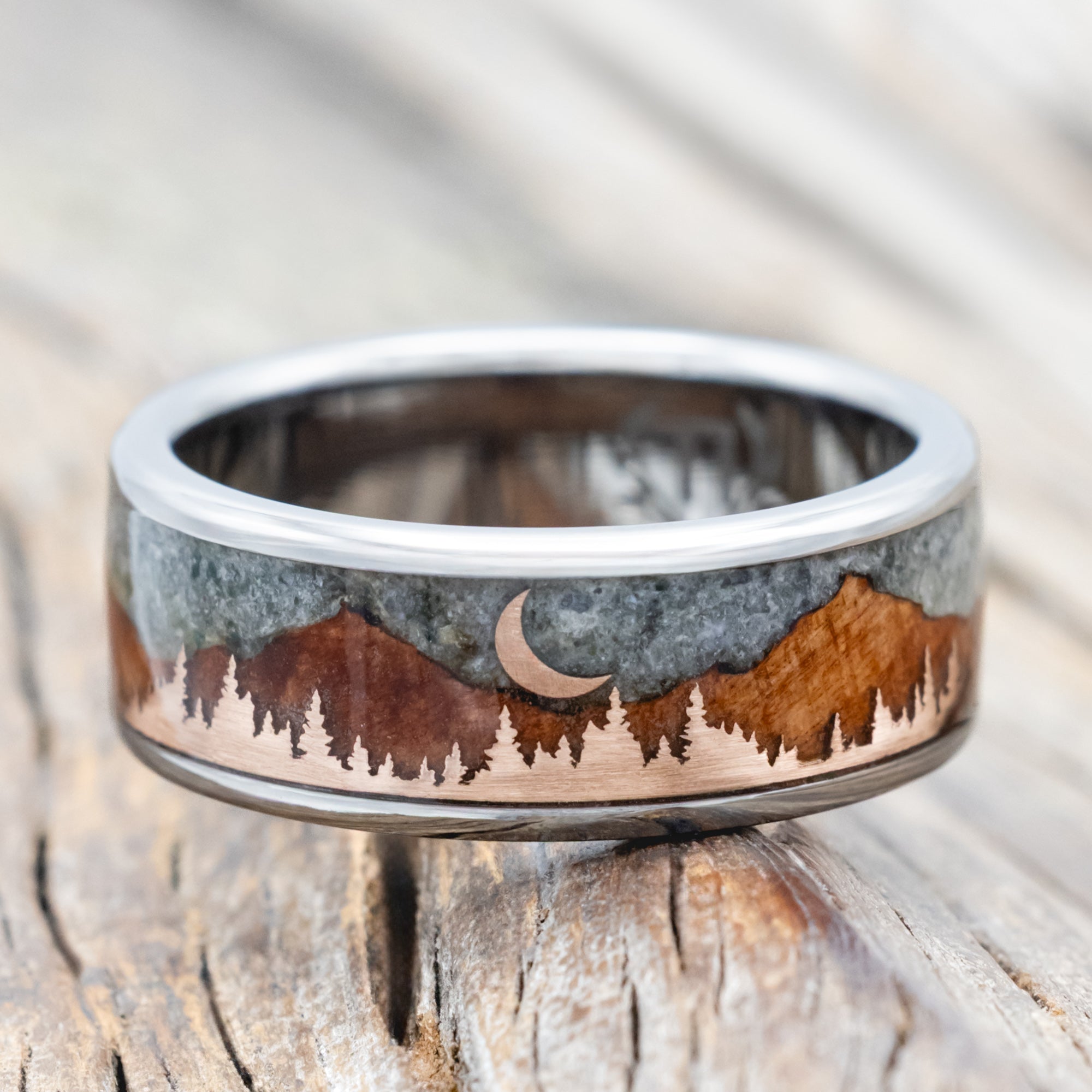 "ORION" - MOSS AGATE & REDWOOD MOUNTAIN RANGE WEDDING BAND WITH 14K GOLD TREE & CRESCENT MOON ACCENTS-Staghead Designs