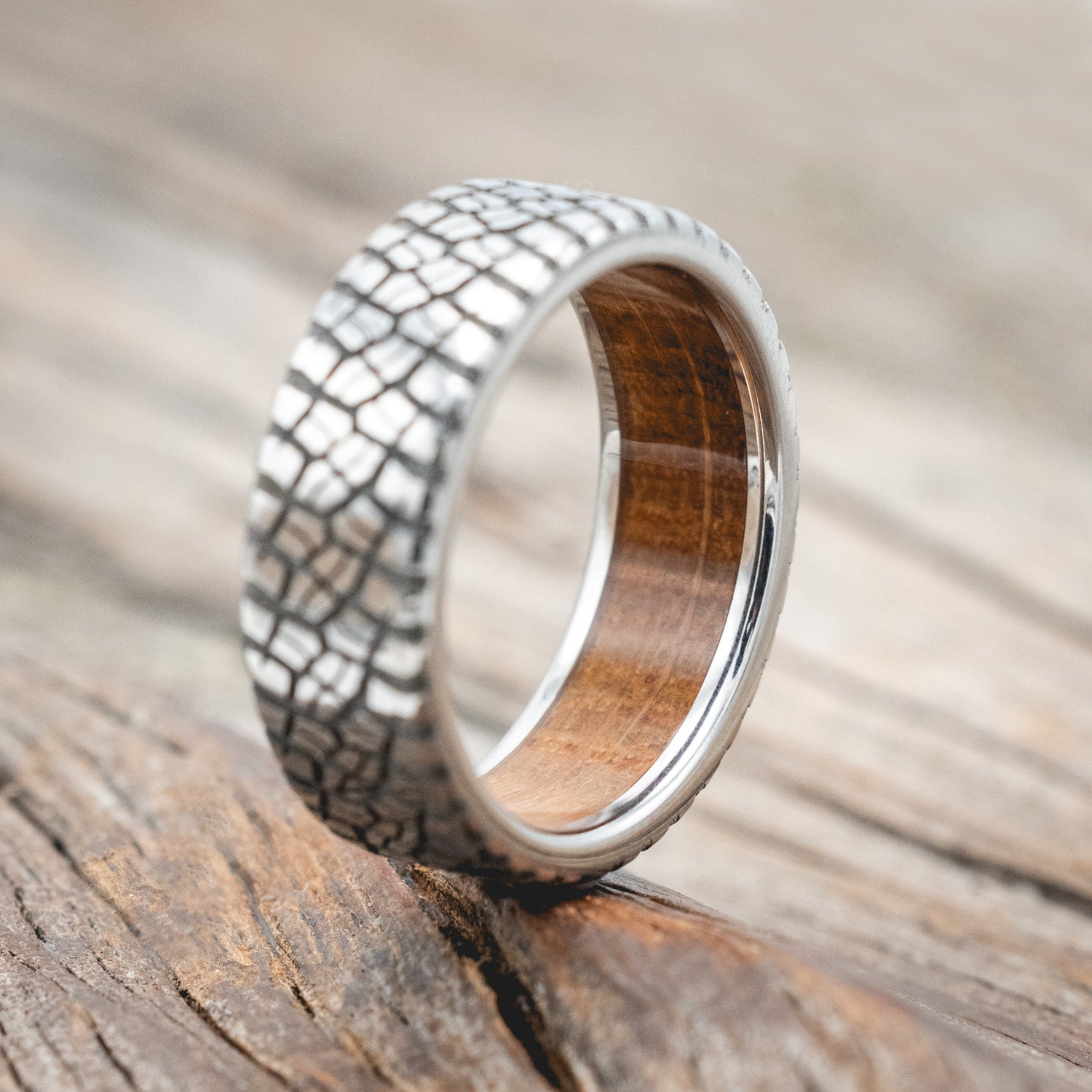 "PARCEL" - CUSTOM EMBOSSED TIRE TREAD WEDDING RING WITH A WHISKEY BARREL LINING-Staghead Designs