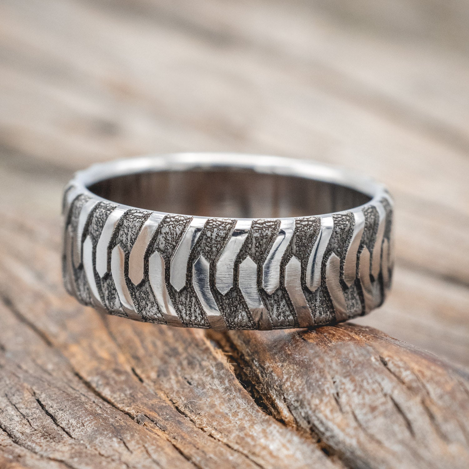 "PARCEL" - CUSTOM EMBOSSED TIRE TREAD WEDDING RING-Staghead Designs