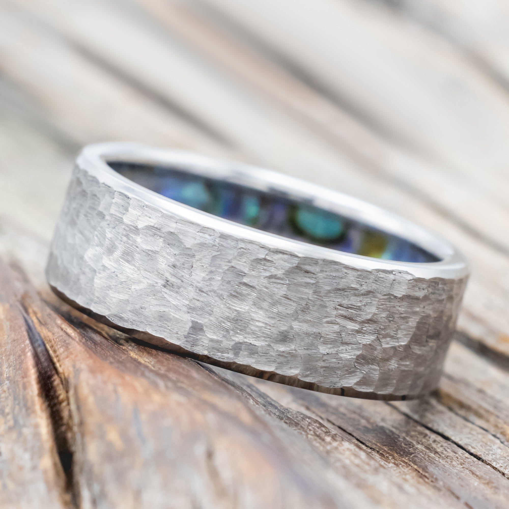 PAUA SHELL & MOTHER OF PEARL LINED WEDDING RING FEATURING A HAMMERED FINISH-Staghead Designs