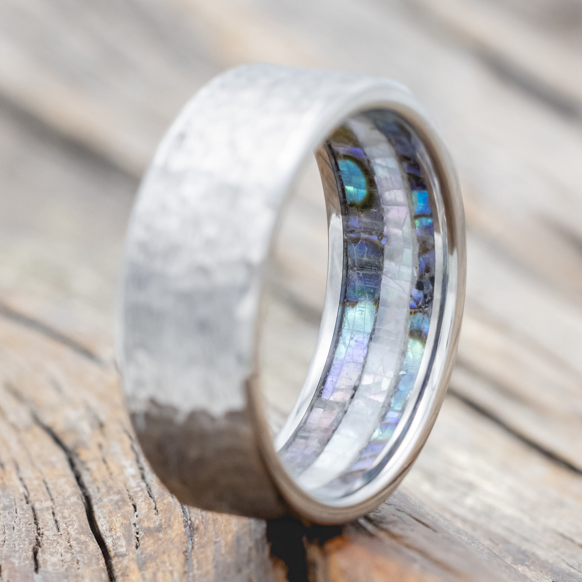 PAUA SHELL & MOTHER OF PEARL LINED WEDDING RING FEATURING A HAMMERED FINISH-Staghead Designs