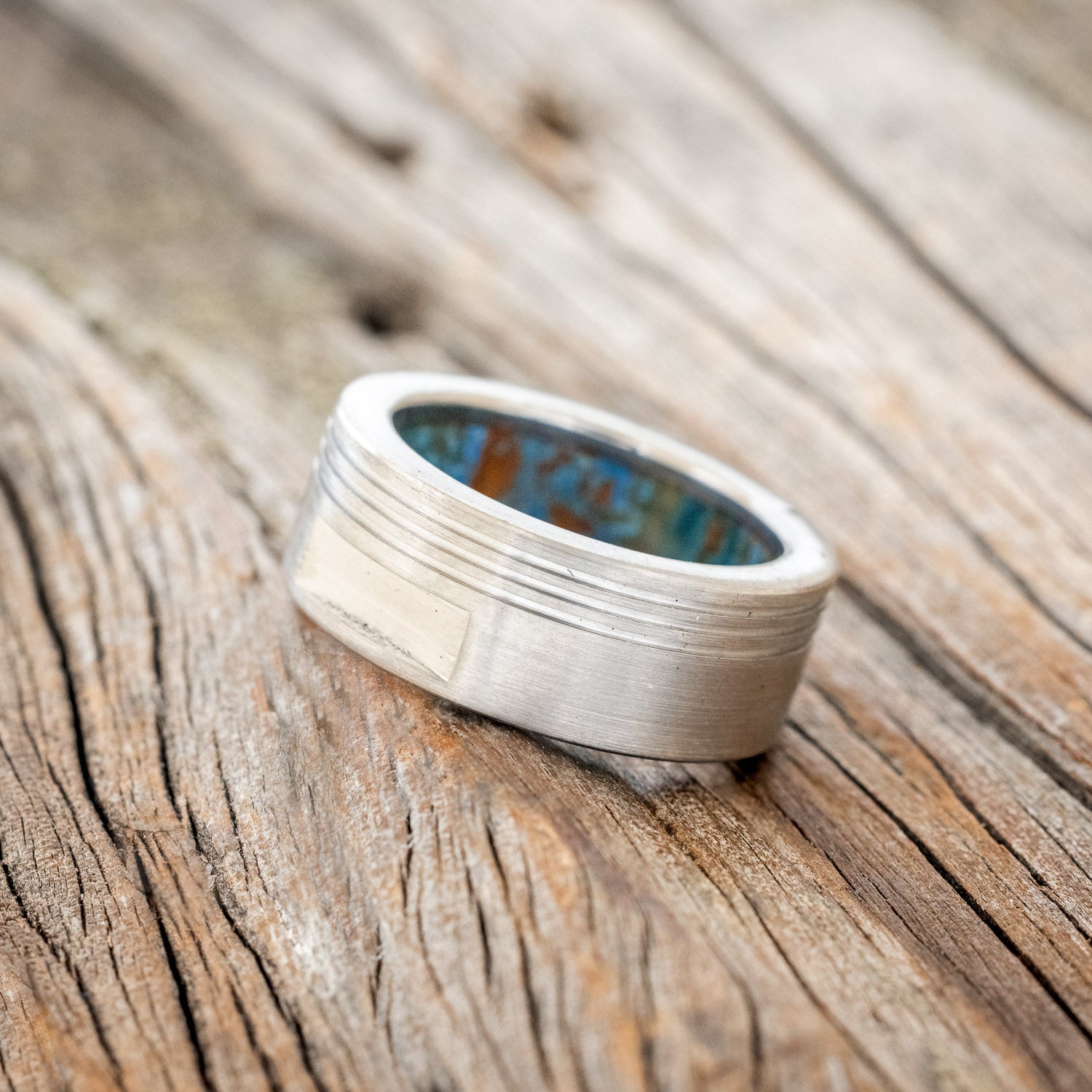 PISTON INSPIRED MEN'S ENGAGEMENT RING WITH PATINA COPPER LINING AND A BRUSHED FINISH-2