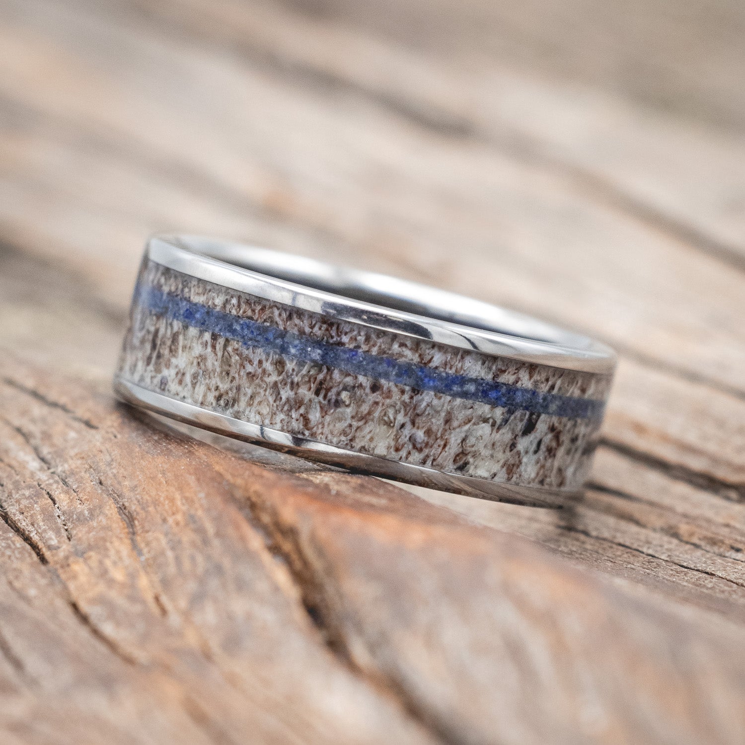 "RAINIER" - ELK ANTLER & OFFSET LAPIS LAZULI INLAY WEDDING BAND-Staghead Designs