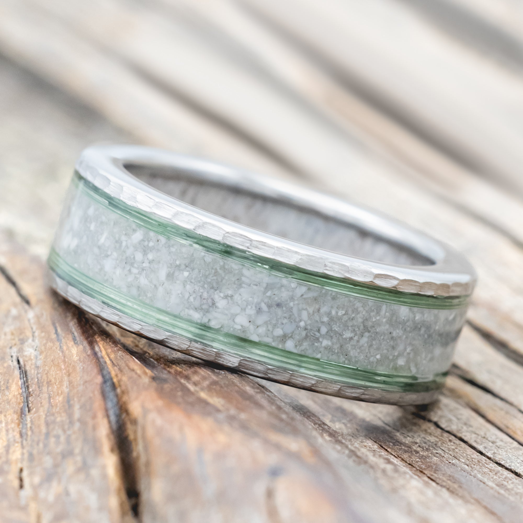 "RAINIER" - ELK IVORY & FISHING LINE WEDDING BAND WITH AN ANTLER LINING & A HAMMERED FINISH-Staghead Designs