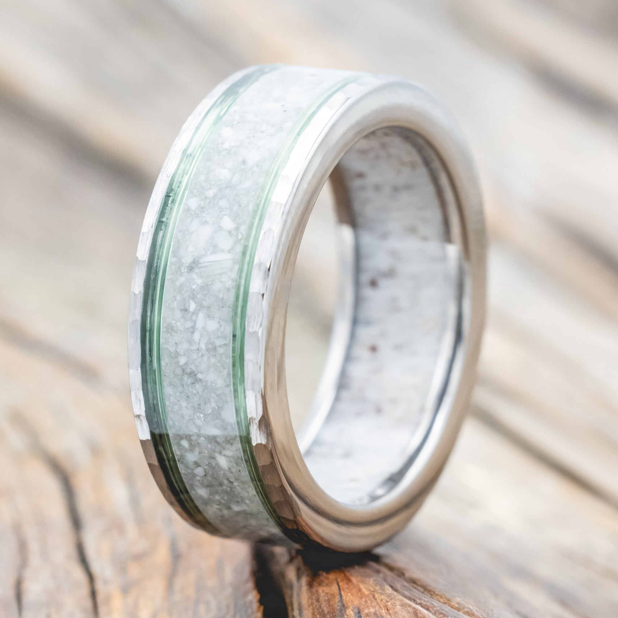 "RAINIER" - ELK IVORY & FISHING LINE WEDDING BAND WITH AN ANTLER LINING & A HAMMERED FINISH-Staghead Designs