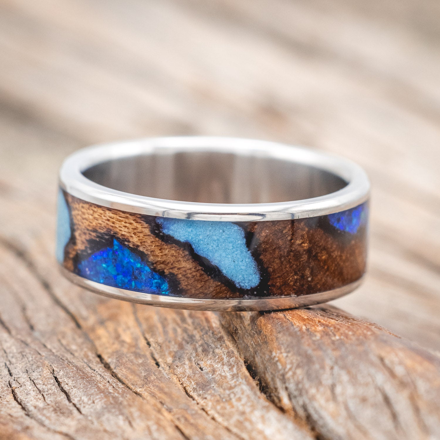 "RAINIER" - ELM BURL WOOD, BLUE OPAL & TURQUOISE WEDDING RING-Staghead Designs
