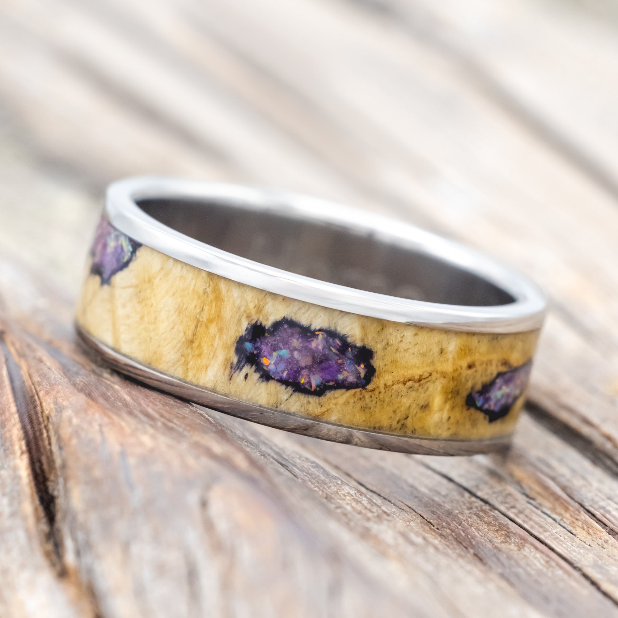"RAINIER" - MATCHING SET OF BUCKEYE BURL WOOD WITH SUGILITE & OPAL MIX WEDDING BANDS-Staghead Designs
