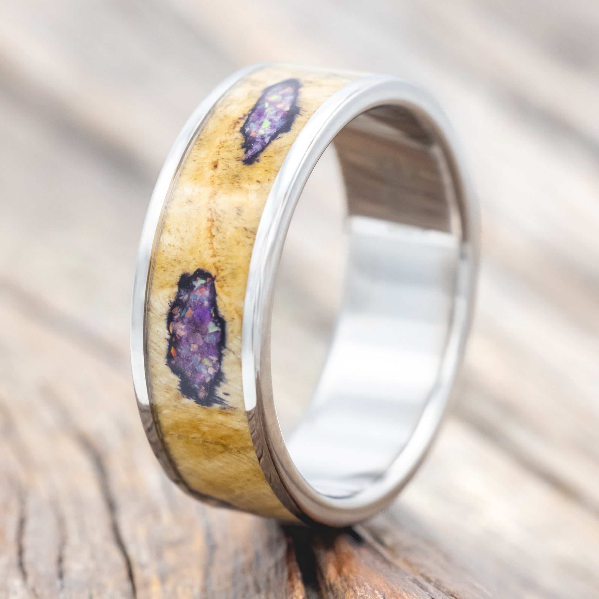 "RAINIER" - MATCHING SET OF BUCKEYE BURL WOOD WITH SUGILITE & OPAL MIX WEDDING BANDS-Staghead Designs