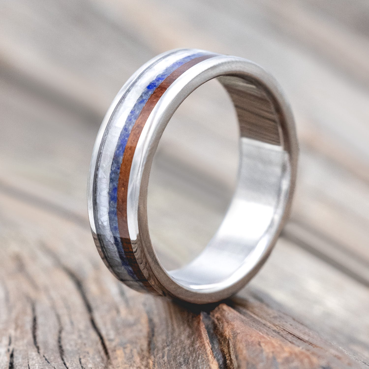 "RAINIER" - MOTHER OF PEARL, LAPIS LAZULI & KOA WOOD WEDDING BAND-Staghead Designs