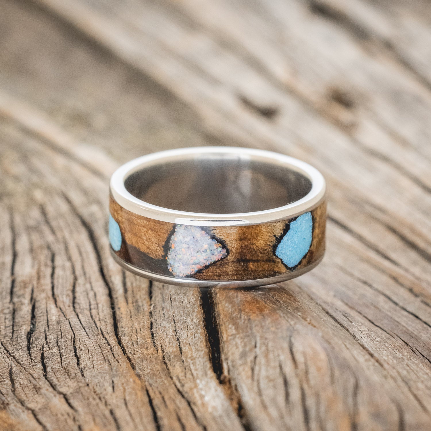 "RAINIER" - BUCKEYE BURL WOOD, OPAL & TURQUOISE WEDDING BAND-3