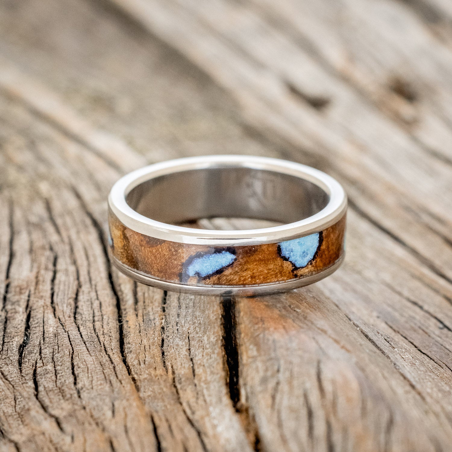 "RAINIER" - BUCKEYE BURL & TURQUOISE WEDDING BAND-3