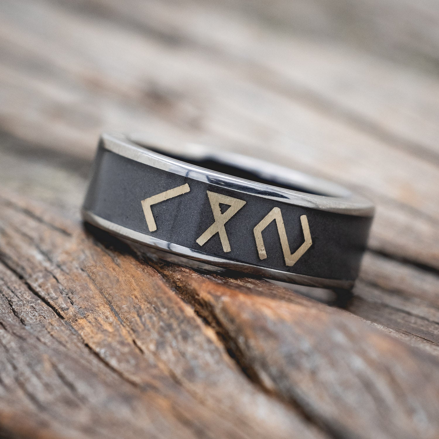 "RAINIER" - WEDDING BAND FEATURING 14K GOLD NORDIC SYMBOLS WITH A SANDBLASTED BACKGROUND AND A BLUE GOLDSTONE LINING-Staghead Designs